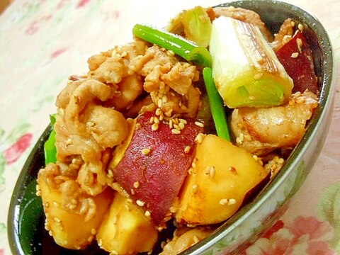 ❤葱と豚肉と薩摩芋のめんつゆ生姜炒め❤